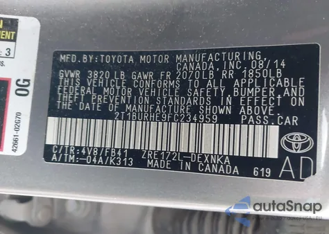 2015 Toyota Corolla Le z USA, uszkodzony, nr VIN 2T1BURHE9FC234959